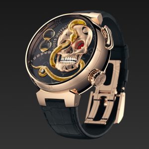 Louis Vuitton Tambour Carpe Diem Crâne Serpent de face jacquemart boucle déployante- Minute Luxe Magazine